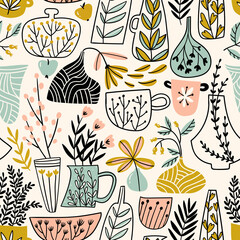 Potted flowers. Vector illustration in scandinavian style.  Hand drawn seamless pattern design for fabric or wrapping paper. - obrazy, fototapety, plakaty