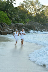 Happy elderly couple walking  on tropical  beach