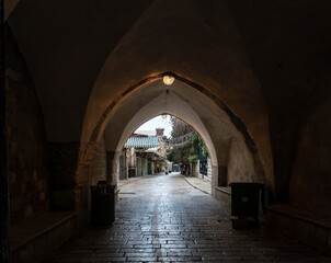 Deserted  Muristan street due to coronavirus, in the old city of Jerusalem, Israel