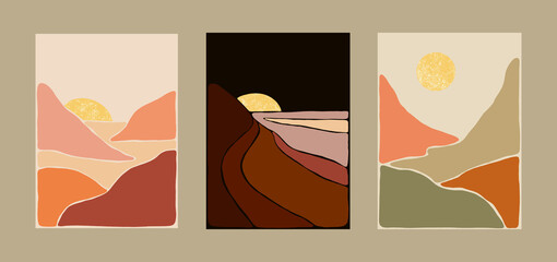 Abstract Bohemian Art Landscape Terracotta and Mint Green Tones. Boho Style. Mountain View, Sun, Moon, Hills. Vector Art Poster.
