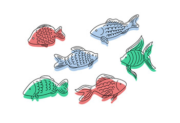 Set of freshwater, marine, salty, marine, tropical fish. Colored fish in the style of minimalism or doodle. Vector. Isolated on white background.
