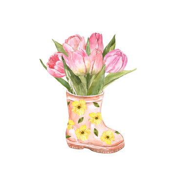 Pink rain boot with floral bouquet, watercolor hand painted illustration. Kids garden boot planter and pink tulips, isolated on white background. Holiday card design. Birthday greeting.