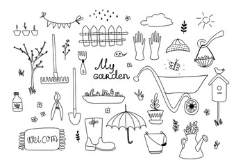 A set of hand-drawn doodles about a spring country house, garden equipment, vegetable growing and garden care