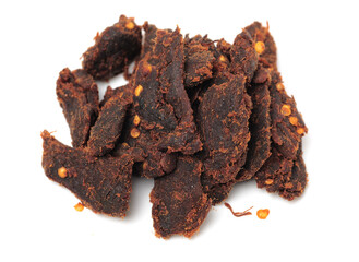 Slices of beef jerky on white background