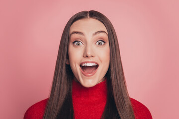 Close up photo beautiful lady open mouth wear casual red pullover isolated pink background