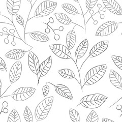 Seamless pattern with sketch leaves and berries in gray on a white background.