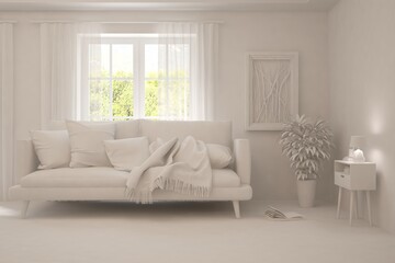 Mock up of stylish room in white color with sofa and green landscape in window. Scandinavian interior design. 3D illustration