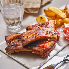 Closeup of pork ribs grilled with BBQ sauce and caramelized in honey. Grilled and smoked ribs with barbeque sauce on a carving board.