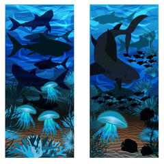 Underwater banners with fish,shark and jellyfish, vector illustratio