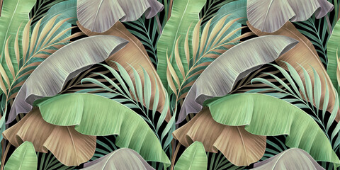 Tropisches nahtloses Muster mit schönen strukturierten Pastellbananenblättern, Palme. Handgezeichnete Vintage 3D-Illustration. Bezauberndes exotisches abstraktes Hintergrunddesign. Gut für Luxustapeten, Stoffdruck
