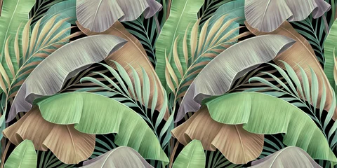 Wallpaper murals Tropical set 1 Tropical seamless pattern with beautiful textured pastel banana leaves, palm. Hand-drawn vintage 3D illustration. Glamorous exotic abstract background design. Good for luxury wallpapers, fabric print