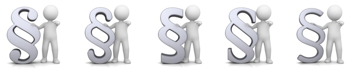 Paragraph symbols article signs silver impressum icons legal advice disclaimer graphic white stick man laywer 3d rendering in high resolution