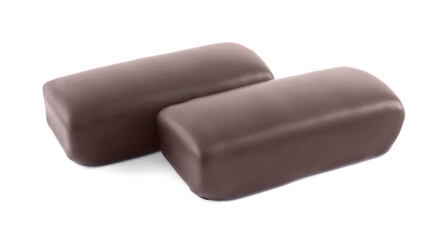 Delicious fresh glazed cheeses on white background