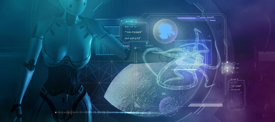 Alien analyzes data about a new organism. 3D render