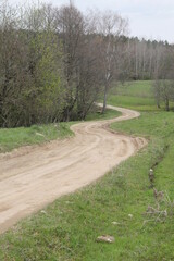 Curvy zigzag gravel road through the trees and bushes on one side and green meadow on the other in Lithuania