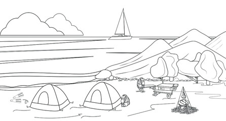 Coloring book with a tourist camping on the beach, ocean. Landscape with tents, backpacks, a table, a place for a fire, mountains, a sailboat, fins, a mask.