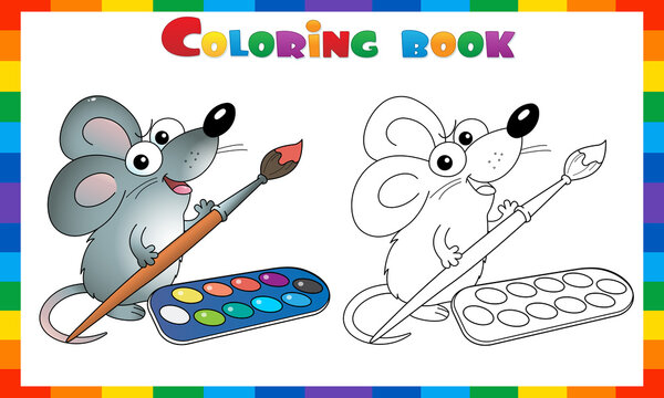 Coloring Page Outline Of cartoon mouse with brush and paints. Little artist. Coloring Book for kids.