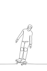 skater riding a skateboard - one line drawing. a man standing on a skateboard