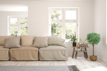 White living room with sofa and summer landscape in window. Scandinavian interior design. 3D illustration