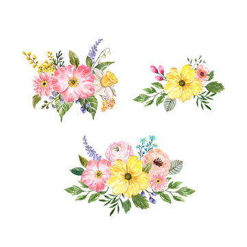 Beautiful floral bouquets, hand painted with watercolor. Beautiful pink, yellow flowers and green leaves on white background. Spring botanical open wreaths for holiday cards, invitations, greetings.