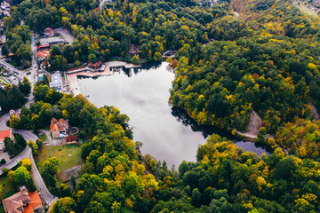 Fototapeta na wymiar Colorful trees at the beginning of autumn seen from a drone with small lakes. 