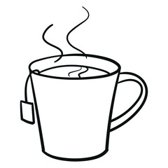 teacup with teabag. outline, comic, monochrome.