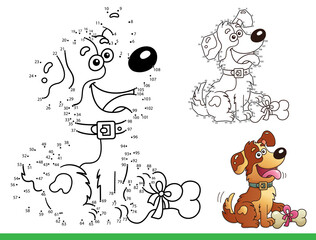 Puzzle Game for kids: numbers game. Coloring Page Outline of cartoon dog with bone. Coloring Book for children.