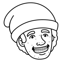 Obraz na płótnie Canvas laughing boy with braces and cap. monochrome, outline, comic, avatar, head.