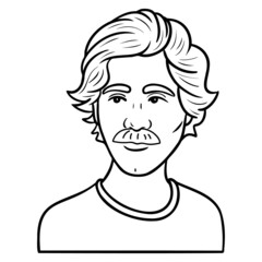 man with curly hair and mustache. monochrome, outline, comic, avatar.