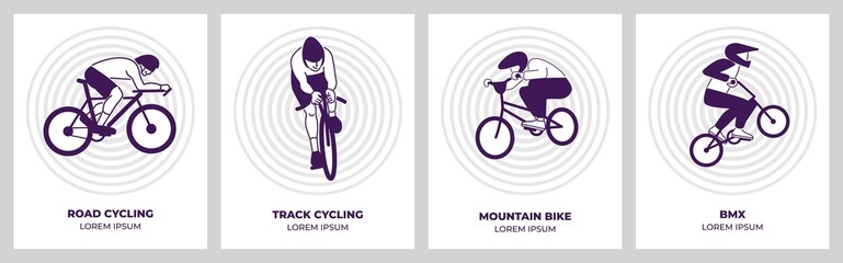 Cycling sport events layout templates set. Road cycling, track cycling, mountain biking and BMX sportsmen with a geometrical background. Minimal posters design. Flat style vector illustrations.