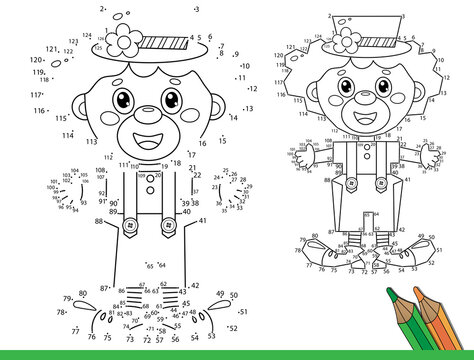 Puzzle Game for kids: numbers game. Coloring Page Outline of cartoon circus clown. Coloring Book for children.