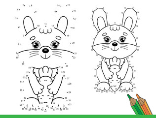 Puzzle Game for kids: numbers game. Coloring Page Outline of cartoon little bunny or rabbit with carrot. Coloring Book for children.