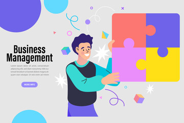 Group of business people assembling jigsaw puzzle and represent team support. Concept of teamwork, business cooperation, collective project work. Modern flat colorful vector illustration.