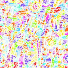 Abstract seamless pattern with multicolored spots and white sinuous lines. A repeating vector background similar to beautiful batik. Suitable for wallpaper design, wrapping paper, fabric