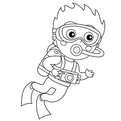 Obraz premium Coloring Page Outline of cartoon little boy scuba diver. Marine photography or shooting. Underwater world. Coloring Book for kids.