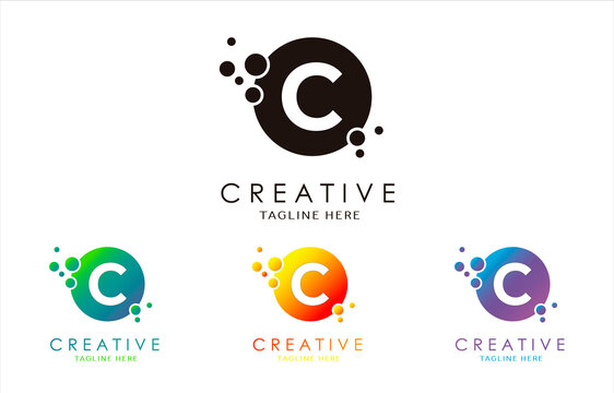 C Dots Letter Logo set in Beautiful Gradient Color. C bubble letter in black, purple, yellow and green gradient vector illustration.

