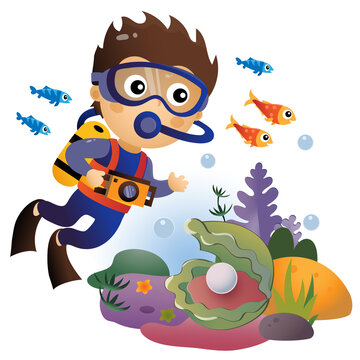 Cartoon little boy scuba diver. Marine photography or shooting. Underwater world. Coral reef with fishes, pearl shells and sea star. Colorful vector illustration for kids.
