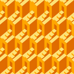 Yellow seamless pattern with architectural elements. Op Art. Monochrome vector texture with cubic 3D elements and stairs. Repeating geometric background, suitable for wallpaper, wrapping paper, fabric