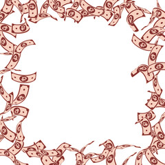 Russian ruble notes falling. Floating RUB bills on