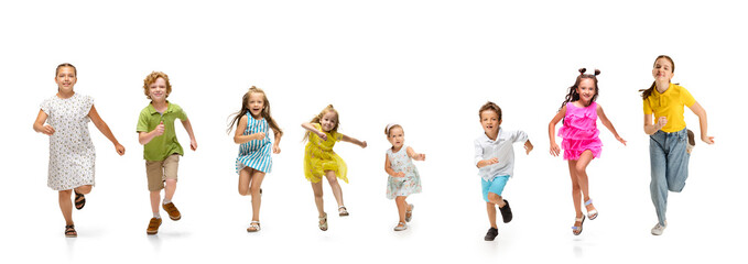 Art collage made of portraits of little and happy kids isolated on white studio background. Human emotions, facial expression concept