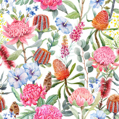 Beautiful seamless pattern with hand drawn watercolor protea banksia and other australian flowers. Stock illustration.