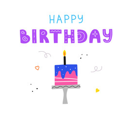 Fototapeta premium Happy birthday lettering with cake flat greeting card template. Bday celebration.