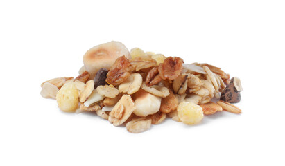 Pile of granola on white background. Healthy snack