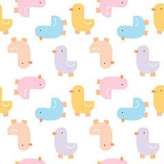 Seamless Pattern of Pastel Cartoon Duck Design on White Background