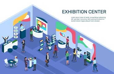 Isometric expo. Exhibition center with people, exhibit displays, stands, booths. Digital marketing, products promotion event 3d vector illustration. Retail store with showcase for advertisement - obrazy, fototapety, plakaty