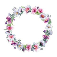 Watercolor hand drawn wreath on white background isolated. Many spring flowers: cosmos, purple anemones, anemones sylvestris, astrantia major.  Nice frame for your rustic boho wedding design.