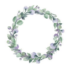 Hand drawn watercolor round frame on white background isolated. Delicate spring wreath. Buds, petals, sprouts, leaves. Nice round frame for your rustic, boho, wedding design.