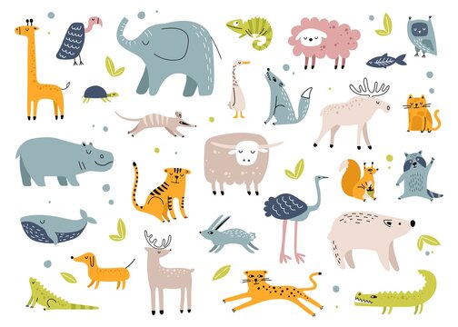 Scandinavian animals. Cute rabbit, elephant, turtle, tiger, owl, crocodile. Childish hand drawn animal doodle for kindergarten, nursery vector set. Funny characters from forest or jungles
