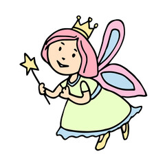 Vector hand drawn fairy with wings and a magic wand in her hand. A tooth fairy in a dress, shoes with pink hair floating in the air