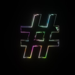 Obraz premium Hashtag Concept. Glare colorful glowing hashtag on the black background. 3D Rendering